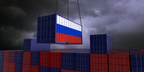 A freight container with the russian flag hangs in front of many blue and red stacked freight containers - concept trade - import and export - 3d illustration
