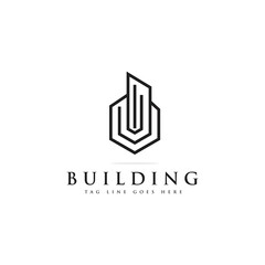 creative line and outline building real estate logo design, abstract skyline vector template, city construction logo, apartment, urban building, business investment icon template