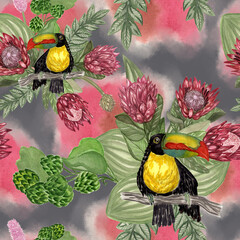 Watercolor pattern toucan in leaves on gray background © Ольга Рудакова