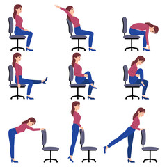 Girl doing exercises on the office chair. Set of women workout for healthy back, neck, arms and legs. Sport for the wellbeing of workers. Vector illustration isolated on white background.