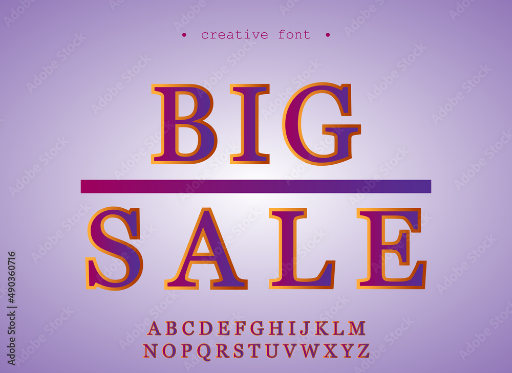 Fototapete big sale creative purple gold font template, letter set. typography typescript vector collection. tr