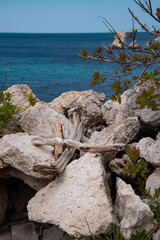 Stone mountains on the background of the sea landscape. Lime minerals. Geology near the ocean. Natural background.