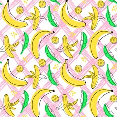 Fototapeta na wymiar Pattern with bananas .The image of bananas and banana slices on different backgrounds.Line art style.Design for fabric,clothing,paper and other items.Digital illustration.