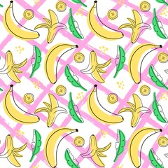 Pattern with bananas .The image of bananas and banana slices on different backgrounds.Line art style.Design for fabric,clothing,paper and other items.Digital illustration.