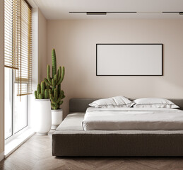 Poster frame mockup in stylish bedroom. Minimalist, 3D rendering