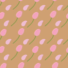 Pattern of pink tulips on a beige background. Vector. Textile.