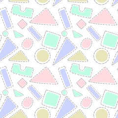 Seamless pattern of abstract shapes of different colors and shapes.