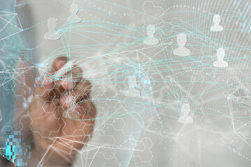 holding 3D rendering group of blue people