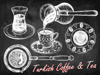 Chalk drawing set of Turkish tea and coffee in glass cup isolated on blackboard. Engraved drawing traditional Turkish hot drink, sketch turk cup of coffee, turkish delight. Vintage vector illustration