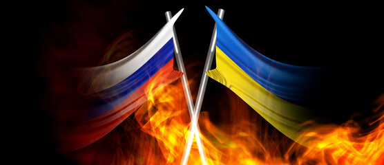 Ukraine Russia war conflict crisis. Ukrainian and russian flag on fire flames background. 3D render illustration.