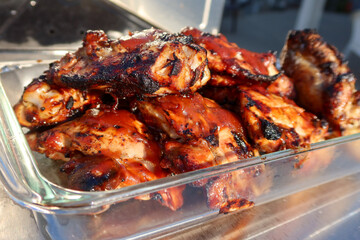 Delicious Barbecued Chicken in a Glass Dish Waiting to Be Eaten