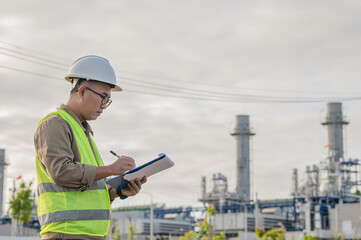 Asian man petrochemical engineer working at oil and gas refinery plant industry factory,The people worker man engineer work control at power plant energy industry manufacturing