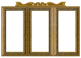 Triple golden frame (triptych) for paintings, mirrors or photos isolated on white background. Design element with clipping path