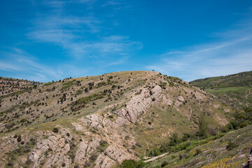 Beautiful mountain landscape. Journey in the spring. Green meadows against the blue sky.