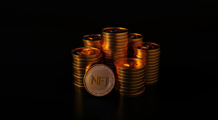 NFT non-fungible token. Crypto currency. Digital cryptoart. 3D rendering of a coin with NFT symbol. Digital technology concept. 3d illustration.