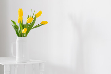 yellow tulips in vase on white background