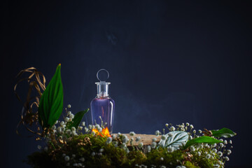 magic potion in glass bottle with fire,  plants and flowers on blue background © Maya Kruchancova