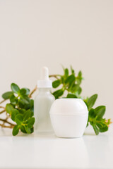 White jar of cream and a bottle with dropper from serum on a white neutral natural light. Still life minimalistic beauty cosmetic template for beauty business and industry. Bright fresh green leaves.