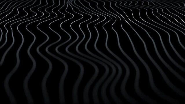 Abstract wavy white lines on black surface background with pattern seamless loop animation.	
