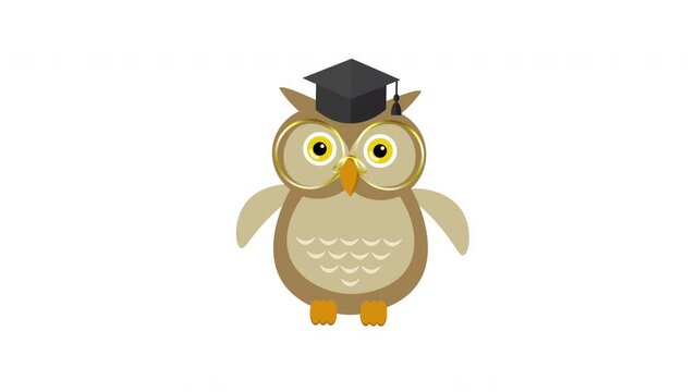 4K Animated wise owl wears graduation cap. Wise Brown Owl in Graduation Cap, Cute Bird Teacher Cartoon Animation Character. Graduation hat and smart owl design elements. Isolated on white background.
