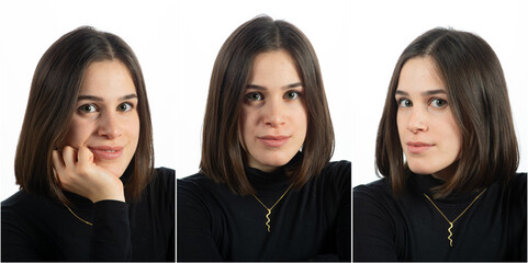 triptych of portraits consisting of three photos of the same model in different positions.