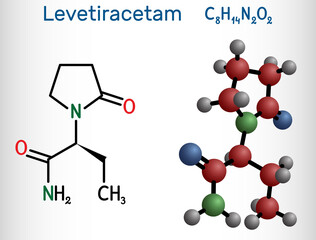 Levetiracetam molecule. It is pyrrolidine, anticonvulsant medication used to treat epilepsy. Structural chemical formula and molecule model.