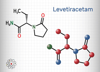 Levetiracetam molecule. It is pyrrolidine, anticonvulsant medication used to treat epilepsy. Structural chemical formula, molecule model. Sheet of paper in a cage