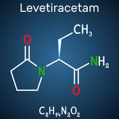 Levetiracetam molecule. It is pyrrolidine, anticonvulsant medication used to treat epilepsy. Structural chemical formula on the dark blue background.