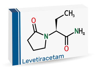 Levetiracetam molecule. It is pyrrolidine, anticonvulsant medication used to treat epilepsy. Skeletal chemical formula. Paper packaging for drugs