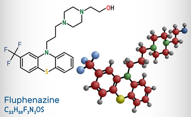 Fluphenazine molecule. It is is a phenothiazine, neuroleptic, antipsychotic medication, used in the treatment of psychoses. Structural chemical formula and molecule model