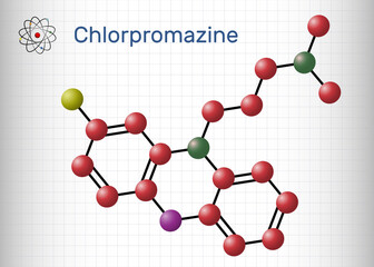 Chlorpromazine, CPZ molecule. Phenothiazine antipsychotic, used to treat nausea, vomiting, anxiety, schizophrenia, bipolar disorder. Molecule model. Sheet of paper in a cage