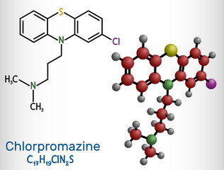 Chlorpromazine, CPZ molecule. Phenothiazine antipsychotic, used to treat nausea, vomiting, anxiety, schizophrenia, bipolar disorder. Structural chemical formula, molecule model.