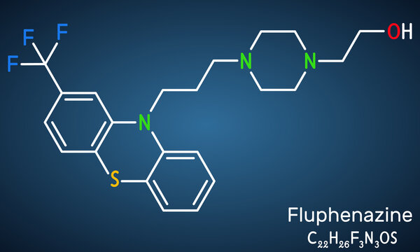 Fluphenazine molecule. It is is a phenothiazine, neuroleptic, antipsychotic medication, used in the treatment of psychoses. Structural chemical formula on the dark blue background