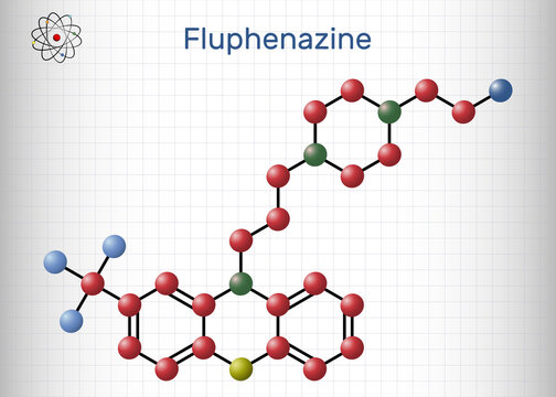 Fluphenazine molecule. It is is a phenothiazine, neuroleptic, antipsychotic medication, used in the treatment of psychoses. Molecule model. Sheet of paper in a cage