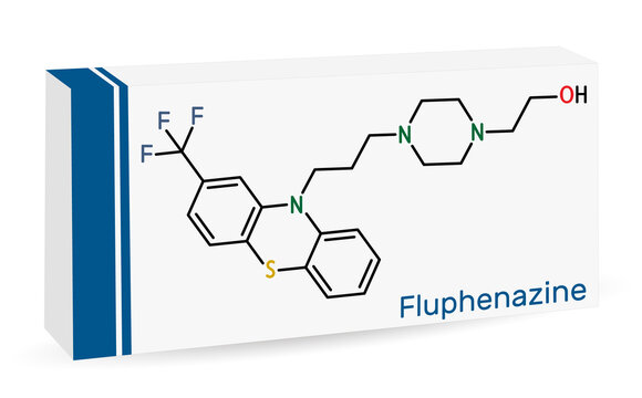 Fluphenazine molecule. It is is a phenothiazine, neuroleptic, antipsychotic medication, used in the treatment of psychoses. Skeletal chemical formula. Paper packaging for drugs