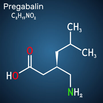 Pregabalin molecule. It is anticonvulsant, anxiolytic drug used to treat fibromyalgia and epilepsy. Structural chemical formula on the dark blue background