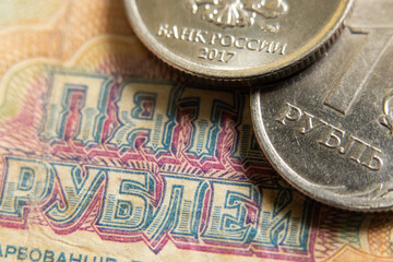 Russian rubles close-up. Financial sanctions against Russia. The collapse of the ruble. The Russian...