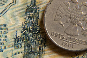Russian rubles and American dollar close-up. Financial sanctions against Russia. The collapse of...