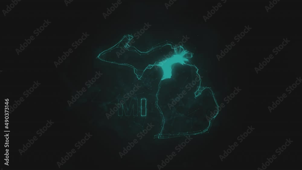 Poster Plexus flat map showing the state of Michigan from the United State of America on black background. USA. Plexus map of Michigan