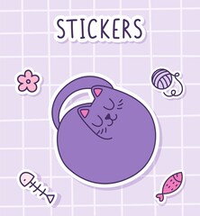 Cute cartoon fluffy cat sleeping. Sticker of a cat with toys on a checkered background. Label Sticker