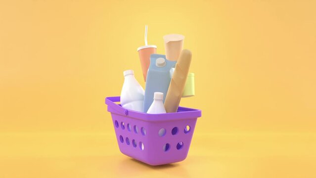 Shopping basket with grocery on yellow background, 3d animation. Purple carry with food goods, milk, bread and drink. Delivery products from online shop, retail store or market, digital marketing