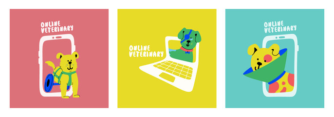 Set of vector illustrations. Veterinary online. Happy puppy in a wheelchair, medical eye patch. A disabled dog peeks out of a smartphone and laptop.