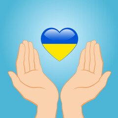 Heart with print the national flag of Ukraine in female hands. Copy space. EPS10 vector illustration.