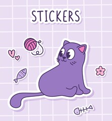 A cute cartoon purple cat sits and looks away. Sticker of a cat with toys on a checkered background. Label Sticker. 