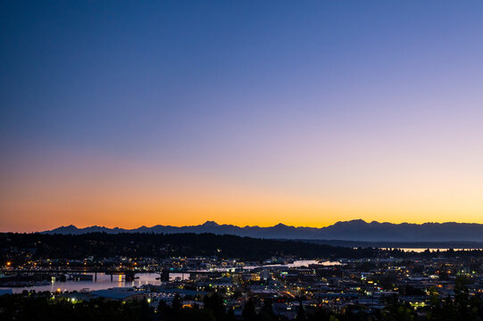 Sunset over the Olympic Mountains and Ballard in Seattle