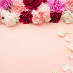 carnations bunched on a pink flat lay with white petals scattered