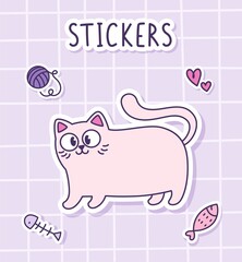 Cute cartoon funny white cat stands. Sticker of a cat with toys on a checkered background. Label Sticker. 