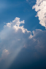 Sun light, sun ray, white clouds, Blue sky for background, wallpaper  or backdrop .