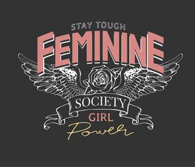 Fototapeta feminine slogan with graphic wings and rose on black background obraz