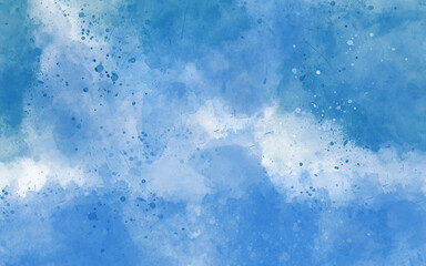 Blue sky with clouds, Watercolor hand drawn illustration. Soft clouds in blue sky for background with watercolor techniques. Realistic blue watercolor panoramic texture on white background
